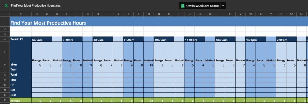 Tak wygląda pusty arkusz do monitorowania Twojego cyklu dobowego.